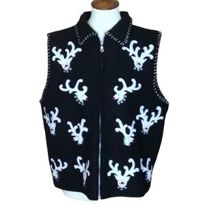 Vintage Life Style Black wool blend vest with reindeer for Christmas Size XL